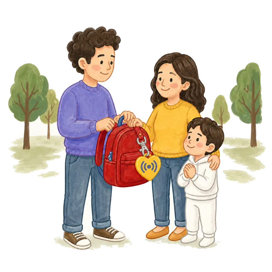 Una familia recuperando una mochila identificada con una Etiquetag